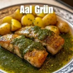 Aal in Grüner Sauce serviert auf einem Teller, dekorativ angerichtet.