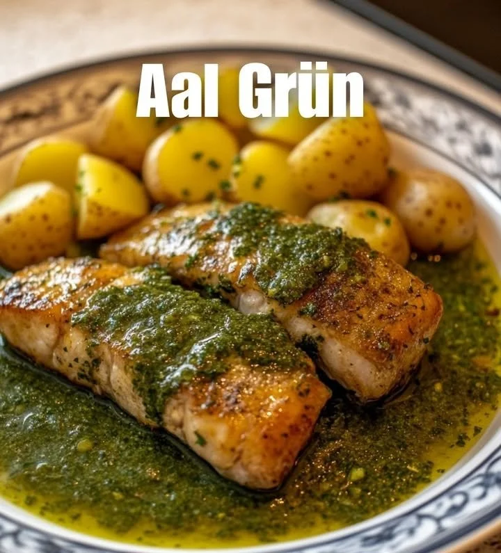 Aal in Grüner Sauce serviert auf einem Teller, dekorativ angerichtet.