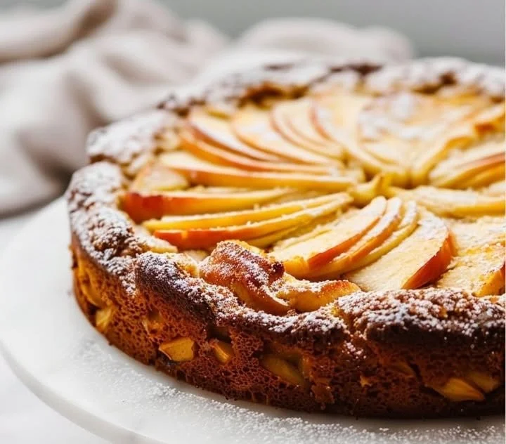 Frischer Apfelkuchen mit Äpfeln und Zimt auf einem rustikalen Holzbrett