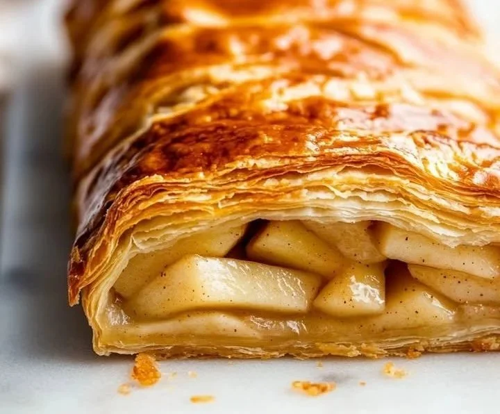 Traditioneller Apfelstrudel mit Äpfeln und Zimt auf einem Teller serviert.