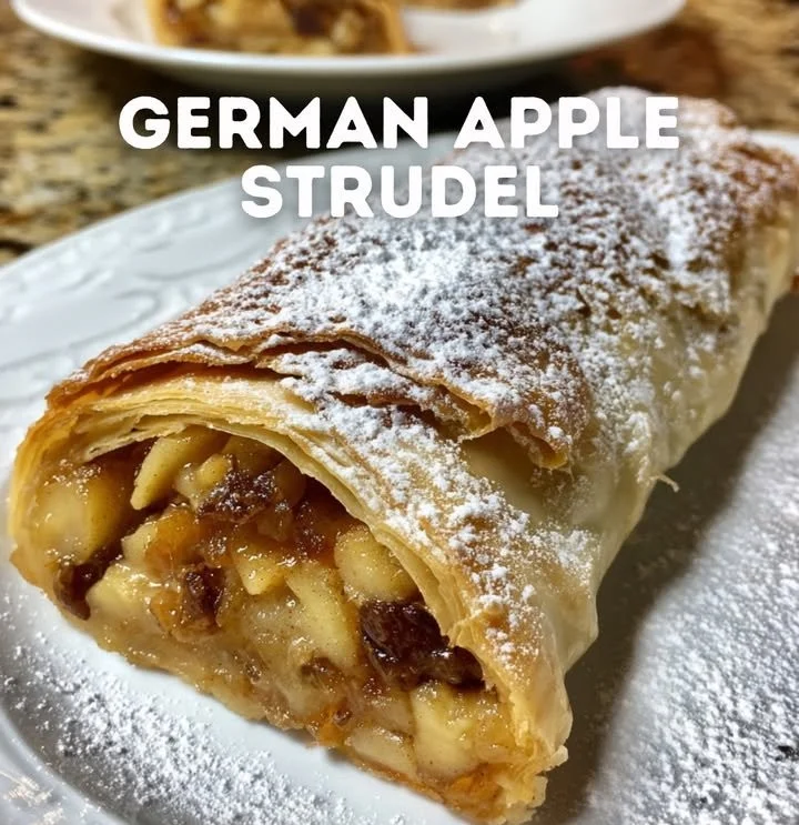 Hausgemachter Apfelstrudel mit Äpfeln und Zimt auf einem rustikalen Holzbrett
