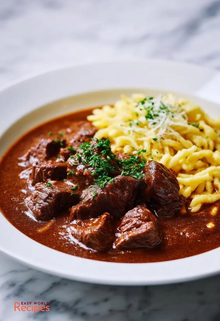 Authentisches Hirschgulasch serviert in einer stilvollen Schüssel.