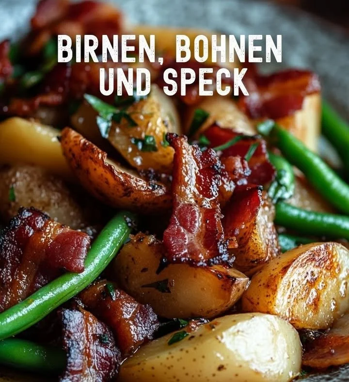 Gericht mit Birnen, Bohnen und Speck auf einem Teller serviert