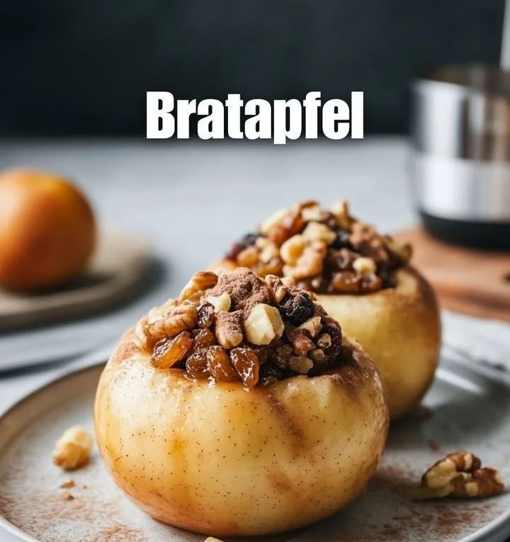 Ein köstlicher Bratapfel mit Zimt und Nüssen aus dem Ofen