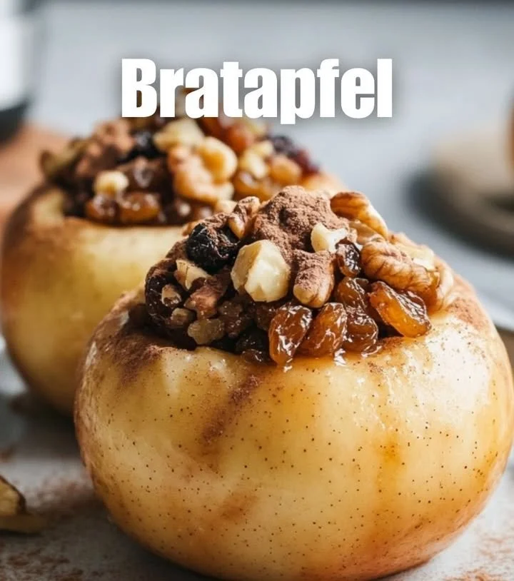 Leckerer Bratapfel mit Nüssen und Zimt, serviert auf einem Teller.