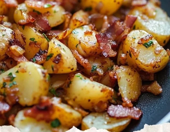 Knusprige Bratkartoffeln, goldbraun, frisch zubereitet auf einem weißen Teller