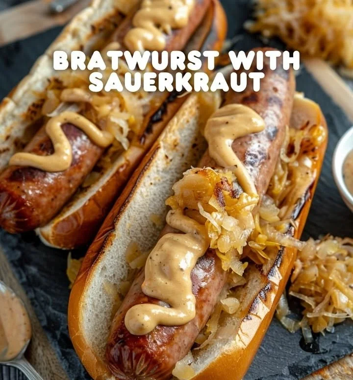 Bratwurst mit Sauerkraut auf einem Teller serviert