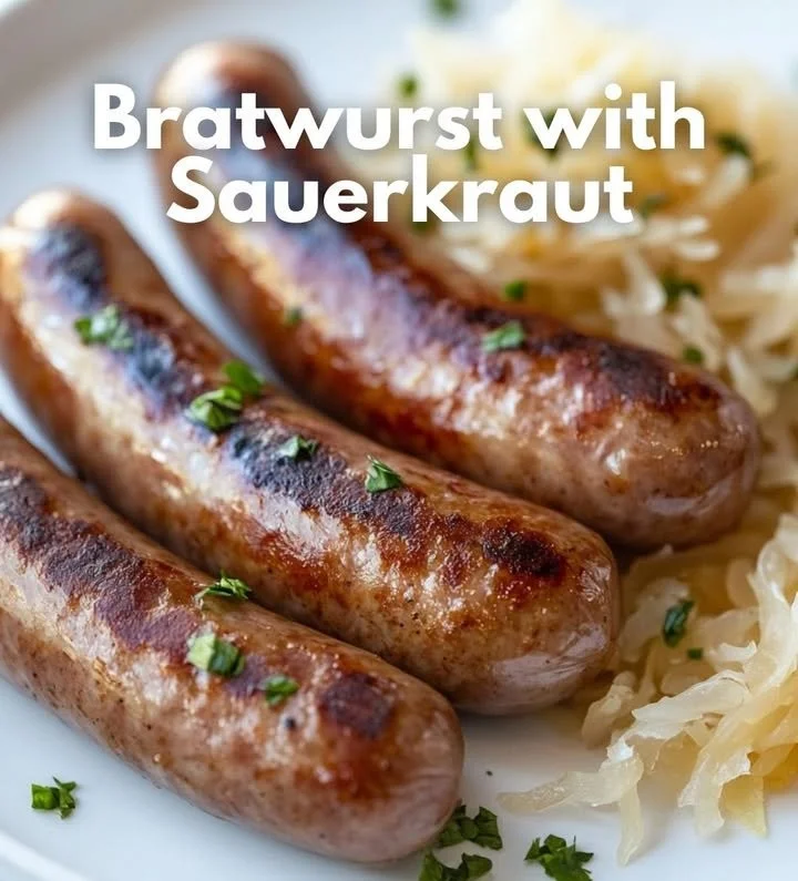 Bratwurst mit Sauerkraut auf einem Teller serviert