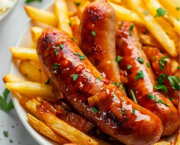 Currywurst mit Pommes und Sauce auf einem Teller serviert