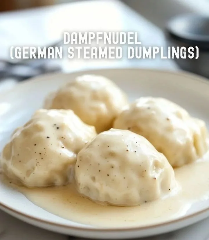 Fluffige Dampfnudeln serviert mit Pudding und Puderzucker