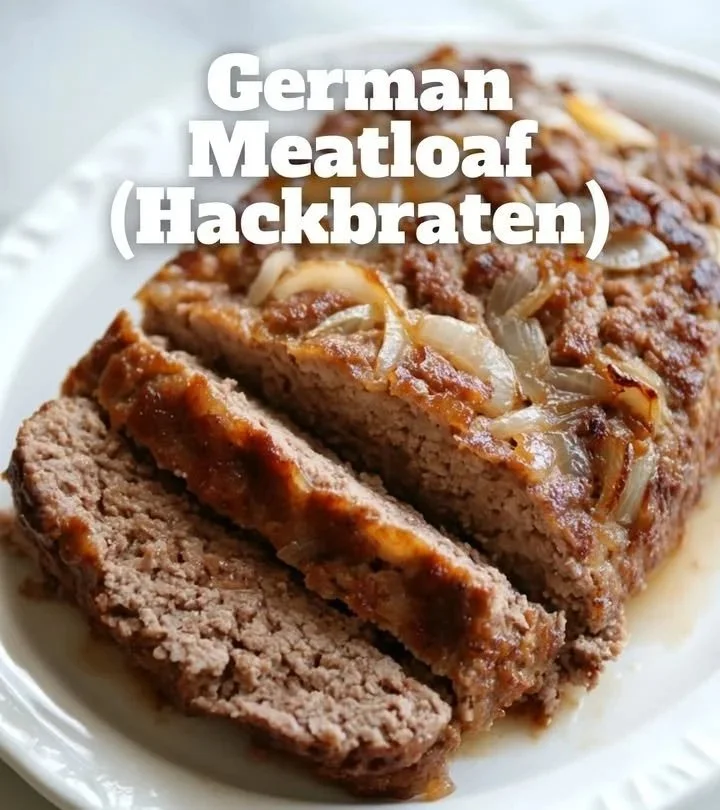 Saftiger Deutsch Hackbraten auf einem Teller serviert mit Beilagen.