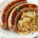 Deutsche Bockwurst mit Sauerkraut auf einem Teller