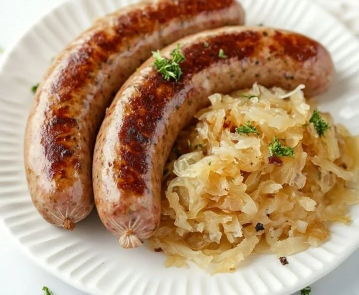 Deutsche Bockwurst mit Sauerkraut auf einem Teller