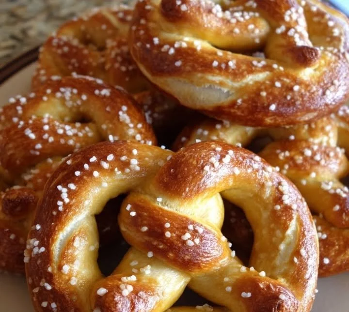 Frische Deutsche Brezeln auf einem Holzbrett, goldbraun und knusprig.