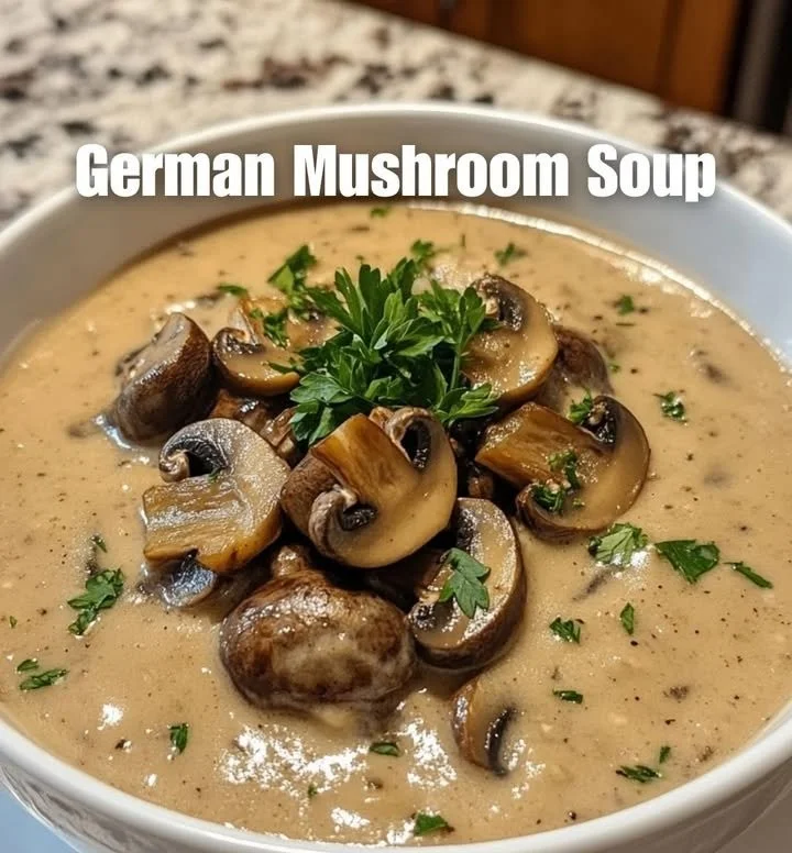 Schüssel mit deutscher Champignonsuppe, garniert mit frischen Kräutern.
