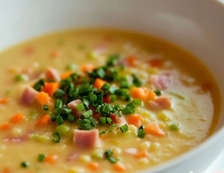 Traditionelle deutsche Erbsensuppe in einer Schüssel serviert.