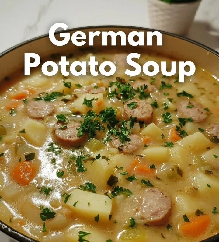 Deutsche Kartoffelsuppe in einer Schüssel, garniert mit frischen Kräutern.