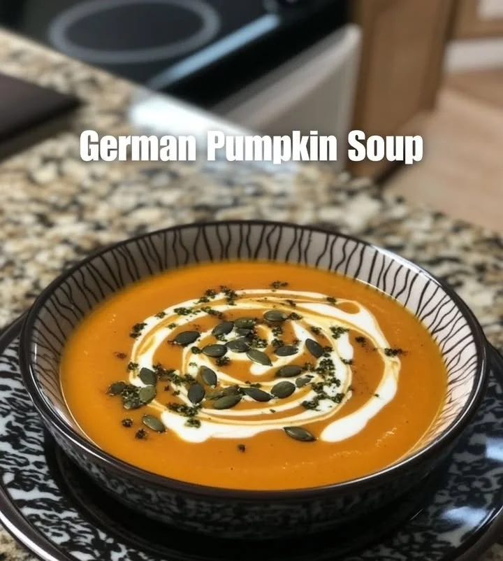Schüssel mit cremiger deutscher Kürbissuppe, serviert mit frischen Kräutern.