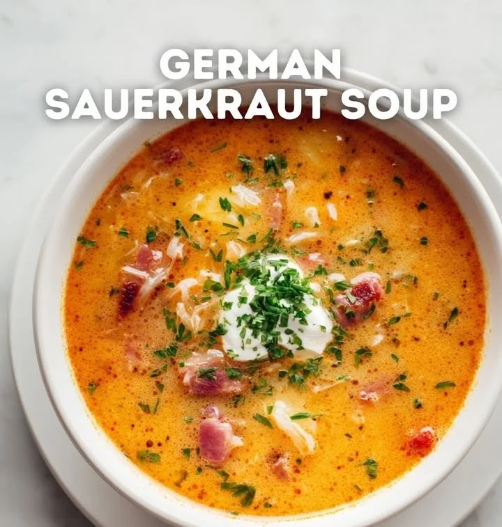 Schüssel Deutsche Sauerkrautsuppe mit frischen Zutaten und Kräutern