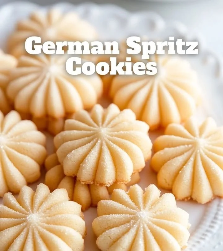 Deutsche Spritzkekse auf einem Blech mit bunten Streuseln dekoriert