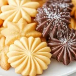 Dekorierte Deutsche Spritzplätzchen auf einem Blech für die Weihnachtszeit