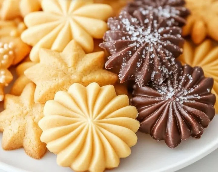 Dekorierte Deutsche Spritzplätzchen auf einem Blech für die Weihnachtszeit