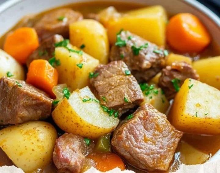 Klassischer deutscher Eintopf mit frischem Gemüse und Fleisch