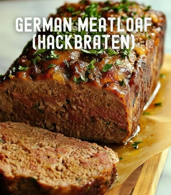 Deutscher Hackbraten mit Kräutern und Beilagen auf einem Teller serviert