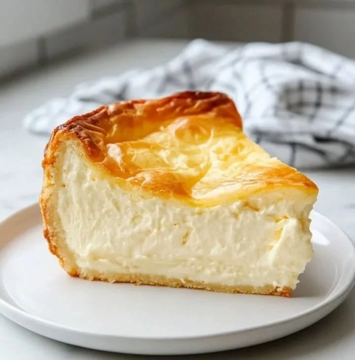 Deutscher Käsekuchen mit frischer Quarkfüllung auf einem Keksboden