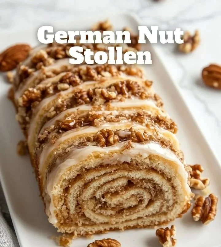 Deutscher Nussstollen mit Nüssen und Gewürzen auf einem rustikalen Holzbrett.