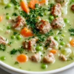 Schüssel mit köstlicher Erbsensuppe, garniert mit frischen Kräutern.