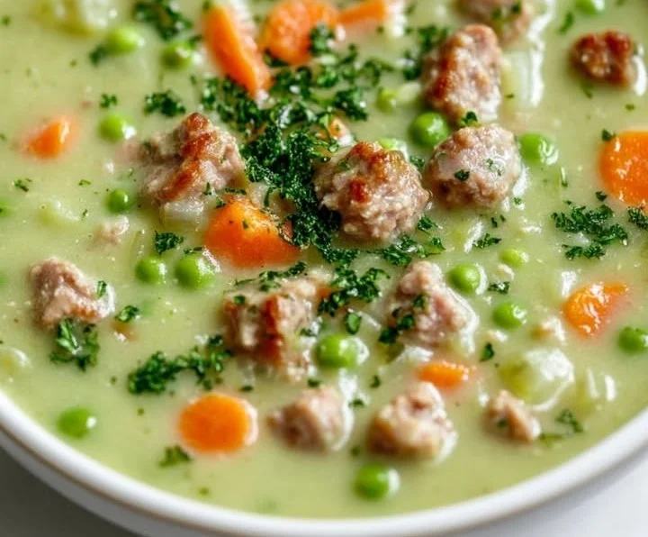 Schüssel mit köstlicher Erbsensuppe, garniert mit frischen Kräutern.