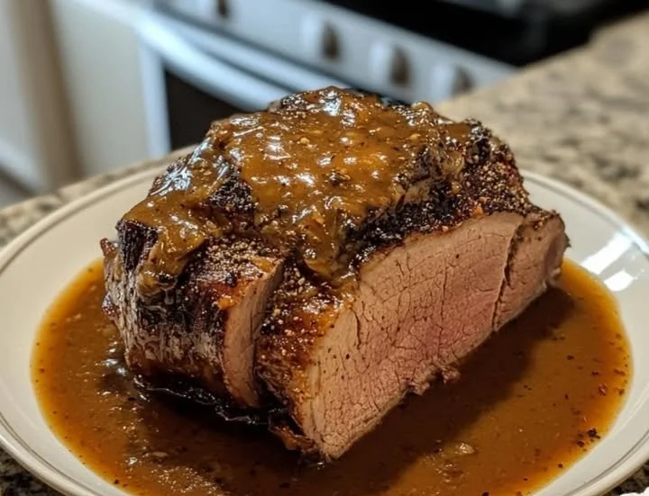 Saftiger Festtagsbraten auf einem festlich gedeckten Tisch.