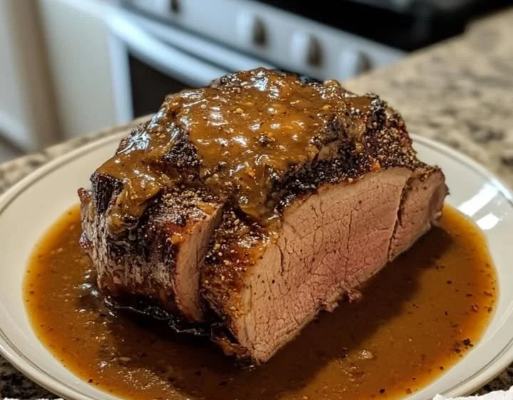 Festtagsbraten mit Kräutern und Beilagen serviert