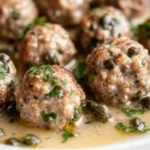 Fleischbällchen in cremiger Sauce serviert in einer Schüssel.