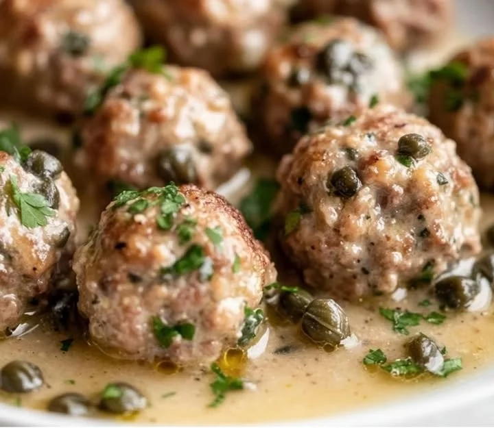 Fleischbällchen in cremiger Sauce serviert in einer Schüssel.