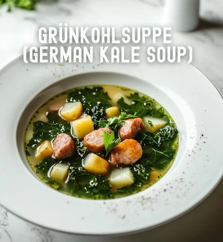 Schüssel mit dampfender Grünkohlsuppe, garniert mit Würstchen und frischen Kräutern.