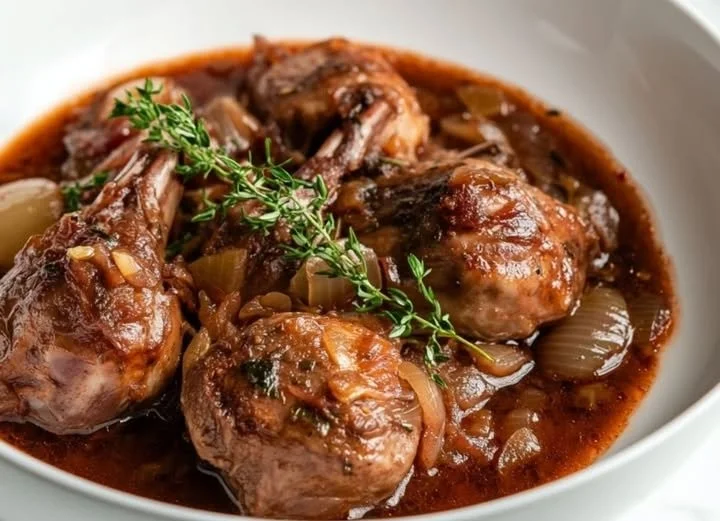 Köstlicher Hasenpfeffer, traditioneller Kanincheneintopf auf einem Teller serviert.