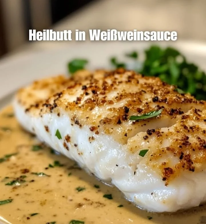 Heilbuttfilet in Weißweinsauce angerichtet auf einem Teller