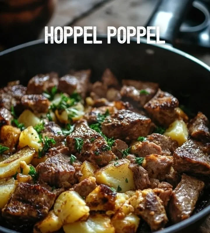 Eine Portion Hoppel Poppel auf einem Teller mit frischen Zutaten.