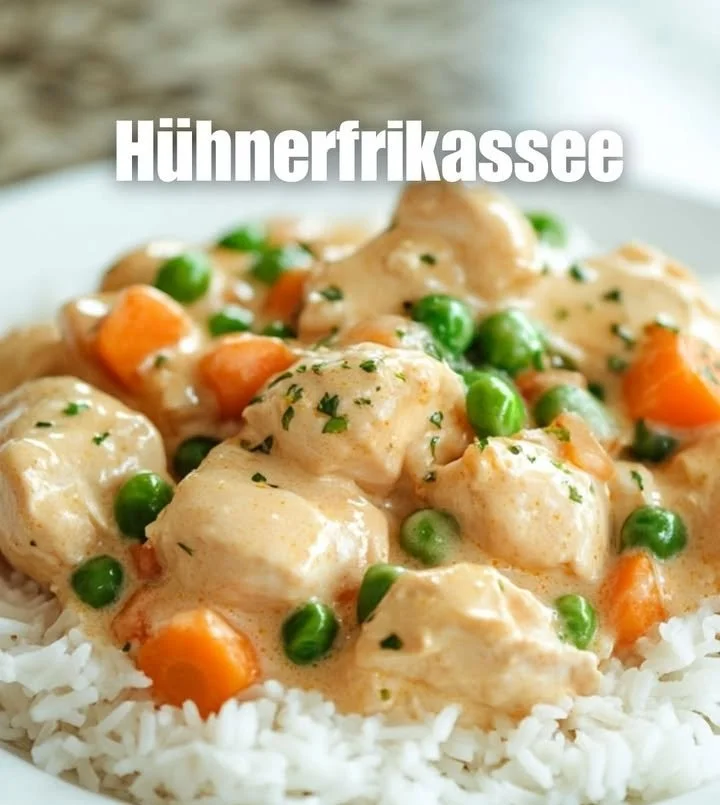 Hausgemachtes Hühnerfrikassee mit Gemüse und Reis serviert auf einem Teller