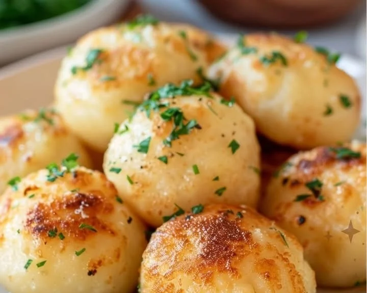 Hausgemachte Kartoffelknödel mit Butter und Kräutern serviert.