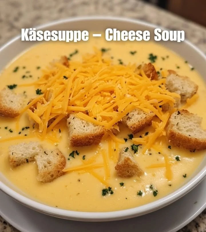 Schüssel mit leckerer Käsesuppe dekoriert mit frischen Kräutern