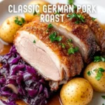 Klassischer deutscher Schweinebraten aus dem Ofen, serviert mit knuspriger Kruste.