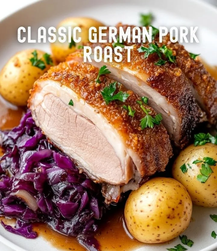 Klassischer deutscher Schweinebraten aus dem Ofen, serviert mit knuspriger Kruste.