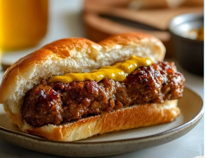 Leberkäse-Semmel mit Senf und frischem Brötchen auf einem Teller