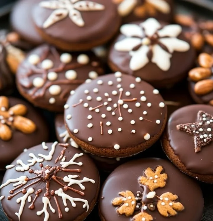 Leckere Lebkuchen auf einem dekorativen Teller mit Weihnachtsmotiven