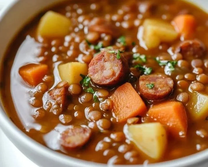 Schüssel mit dampfender Linsensuppe, gesund und köstlich zubereitet