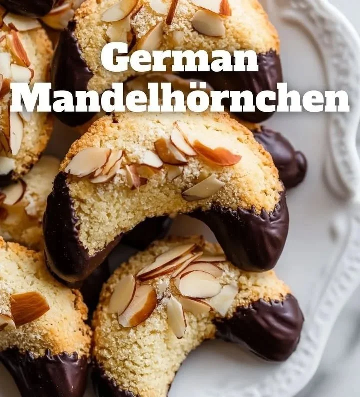 Leckere Mandelhörnchen mit Mandeln und Zuckerguss auf einem Teller.