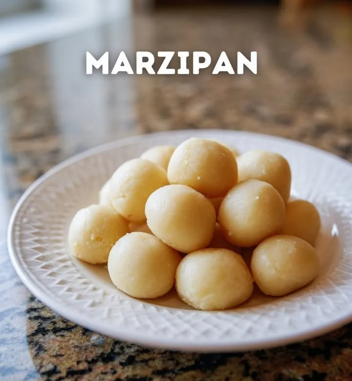 Leckeres Marzipan auf einem Teller mit bunten Dekorationen